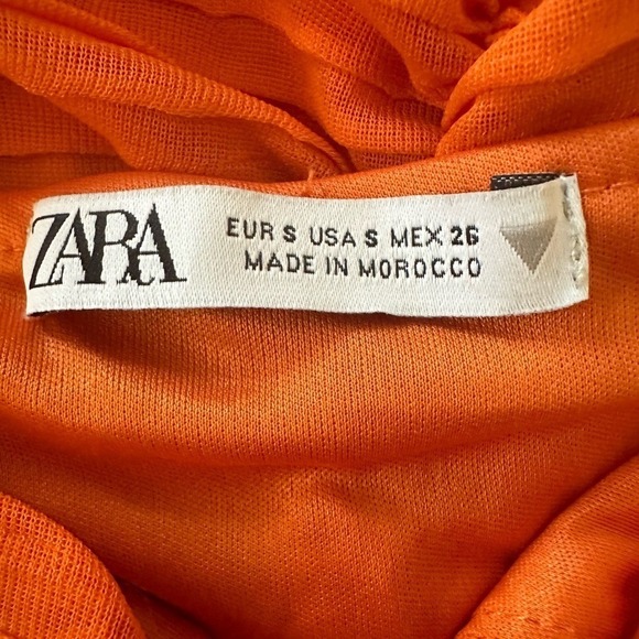 Zara Pleated Ruffle Mini Short Ruched Dress w/Ruffled Sleeves, Orange, Size S - Picture 8 of 10